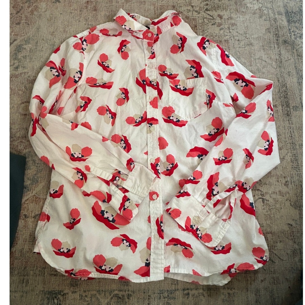 Gap Poppy Floral Button Down Shirt Women S White Red Boyfriend Fit Long Sleeve
